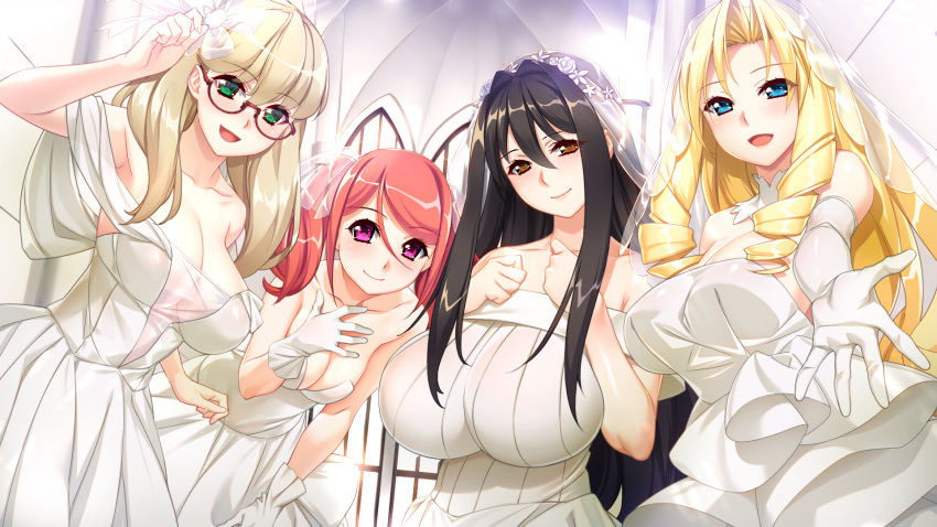 bare_shoulders black_hair blonde_hair blue_eyes blush breasts brown_eyes cleavage dress drill_locks elbow_gloves game_(=eroge)_mitai_na_suteki_na_koi_ga_shitai! game_cg gloves green_eyes hair_intakes hand_on_own_chest highres huge_breasts indoors ino_(magloid) kujou_kohaku large_breasts leaning_forward lisha_lockheart long_hair looking_at_viewer official_art open_mouth otokaze_marine outstretched_arm pink_eyes red_hair smile standing strapless strapless_dress takamiya_tsuzuri twintails vanishing_point veil very_long_hair wedding_dress white_dress white_gloves