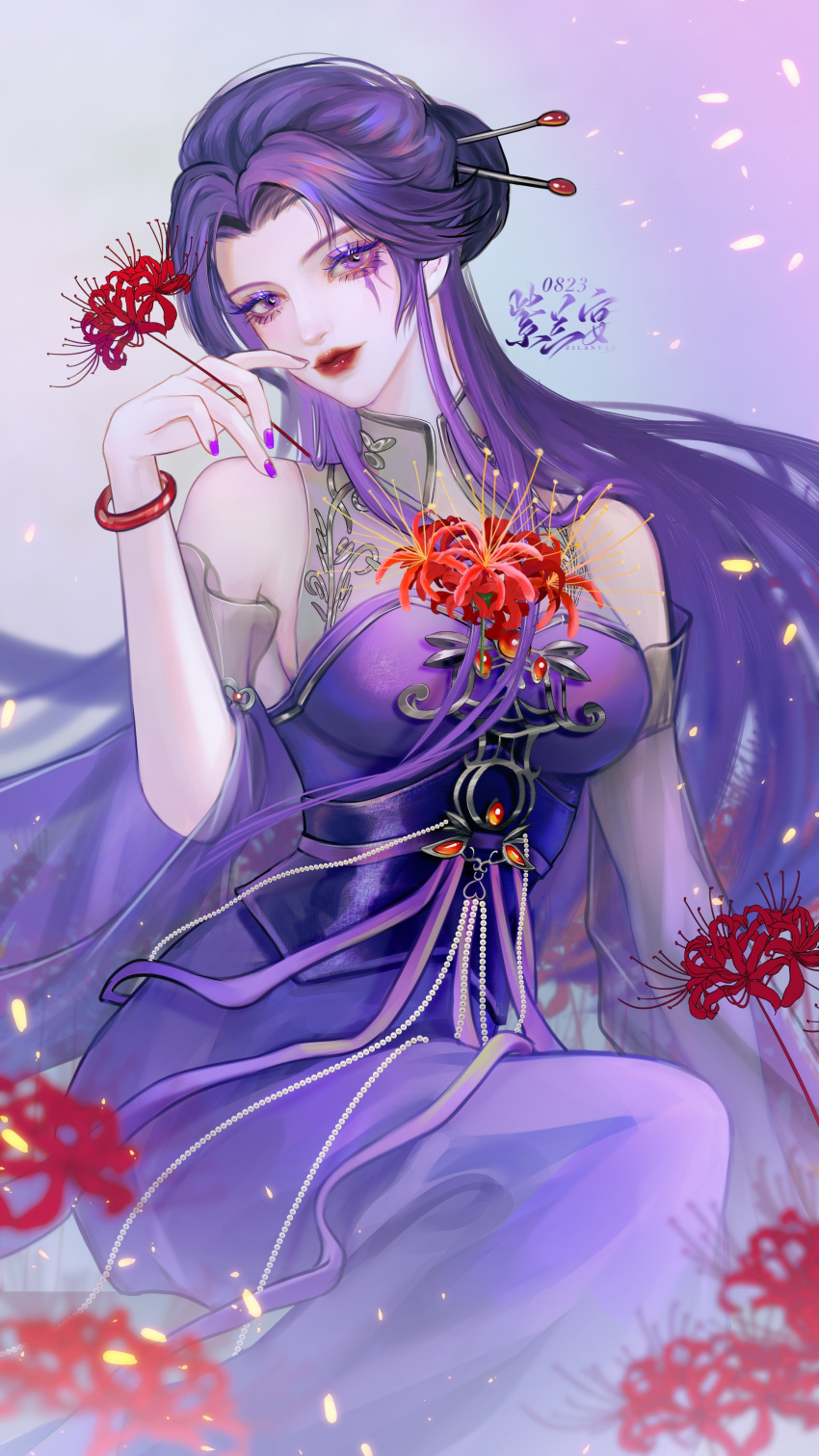 1girl absurdres artist_request bracelet breasts closed_mouth detached_sleeves dress eye_mask flower head_tilt highres holding holding_flower jewelry long_hair looking_at_viewer medium_breasts multicolored_background purple_dress purple_hair qin_shi_ming_yue second-party_source see-through see-through_sleeves sitting solo spider_lily tattoo zi_nu_(qin_shi_ming_yue)
