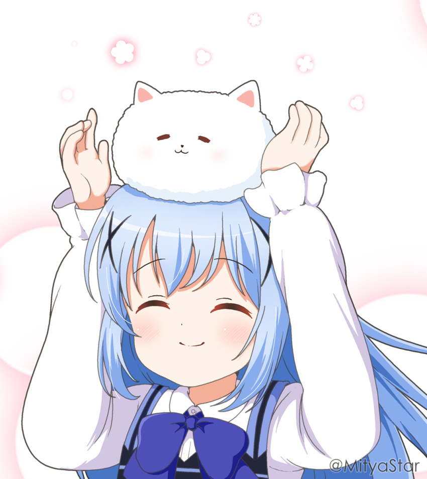 1girl ^_^ angora_rabbit animal animal_on_head arms_up bangs blue_bow blue_hair blue_vest bow closed_eyes closed_mouth collared_shirt commentary_request facing_viewer gochuumon_wa_usagi_desu_ka? hair_ornament highres kafuu_chino long_hair long_sleeves mitya on_head rabbit rabbit_house_uniform shirt smile tippy_(gochiusa) twitter_username uniform upper_body vest waitress white_background white_shirt x_hair_ornament