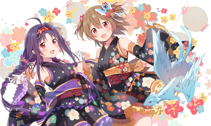 2girls :d alternate_costume bangs bare_shoulders braid brown_hair detached_sleeves dragon floral_print flower gloves hair_flower hair_ornament hairband highres holding_hands japanese_clothes kimono knokzm looking_at_viewer multiple_girls open_mouth pina_(sao) purple_hair red_eyes red_hairband silica smile sword_art_online twin_braids twitter_username white_gloves yukata yuuki_(sao)