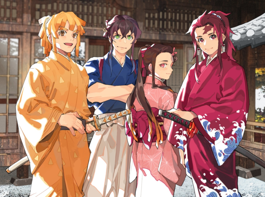 1girl 3boys agatsuma_zenitsu architecture back_bow bangs black_hair blonde_hair blue_shirt bow brown_eyes brown_hair burn_scar cowboy_shot crossed_arms crossed_bangs d-wuti earrings east_asian_architecture gradient_hair green_eyes hair_between_eyes hair_ribbon hakama hashibira_inosuke holding holding_sword holding_weapon japanese_clothes jewelry kamado_nezuko kamado_tanjirou katana kimetsu_no_yaiba kimono long_hair looking_at_viewer looking_back multicolored_hair multiple_boys obi open_mouth orange_hair parted_bangs patterned_clothing pink_eyes pink_kimono pink_ribbon ponytail red_eyes red_hair red_kimono ribbon sash scar scar_on_face scar_on_forehead shirt short_hair_with_long_locks smile sword triangle_print wave_print weapon white_hakama wide_sleeves yellow_kimono