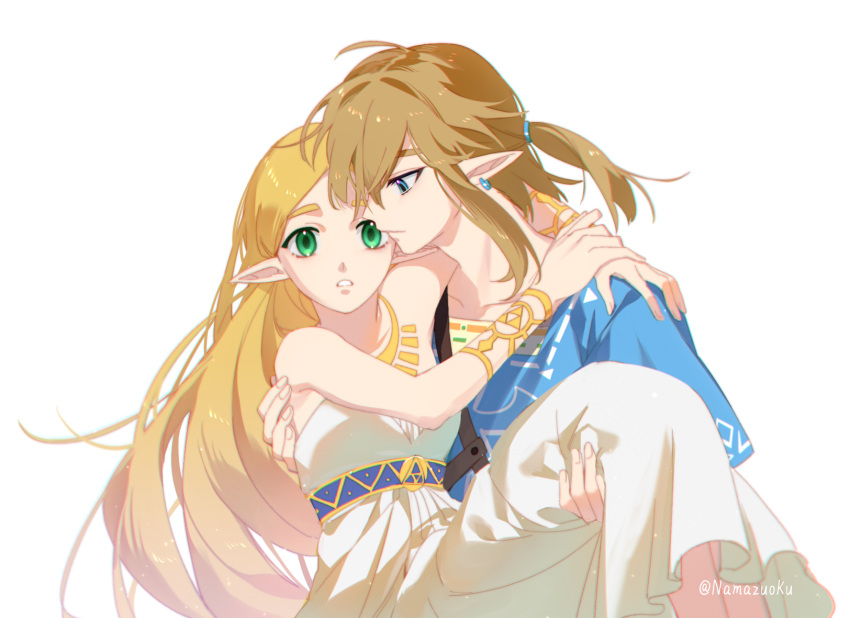 1boy 1girl arms_around_neck bangs bare_shoulders blonde_hair blue_eyes blue_tunic bracer breasts carrying dress earrings gold_necklace green_eyes hair_between_eyes highres jewelry link long_dress long_hair looking_at_another looking_at_viewer low_ponytail medium_breasts medium_hair namazuoku necklace parted_bangs parted_lips pointy_ears princess_carry princess_zelda sidelocks strapless strapless_dress the_legend_of_zelda the_legend_of_zelda:_breath_of_the_wild triforce twitter_username upper_body white_background white_dress