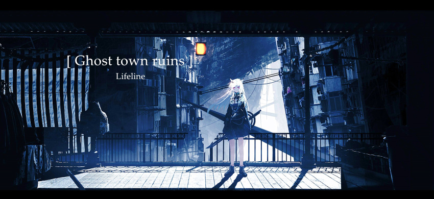 1girl animal_ears arknights artist_name black_footwear black_jacket black_shorts boots cable english_text highres jacket lantern lappland_(arknights) letterboxed lifeline_(a384079959) looking_at_viewer railing scenery shorts solo sword sword_on_back weapon weapon_on_back white_hair wolf_ears wolf_girl