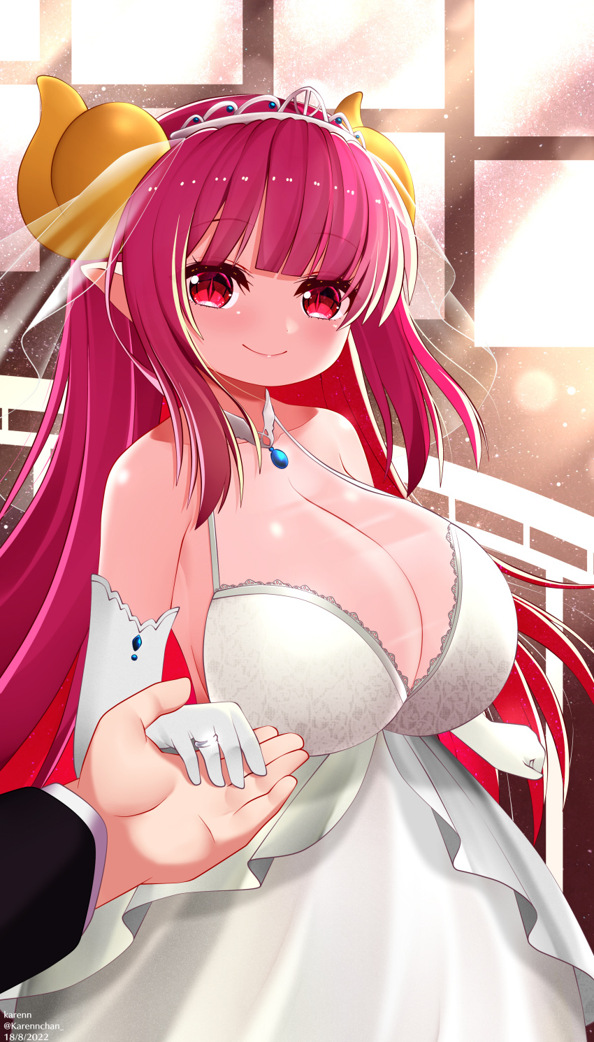 absurd_res big_breasts big_eyes breasts cleavage clothed clothing digit_ring dress duo female hair hand_holding hi_res horn huge_breasts human humanoid humanoid_pointy_ears ilulu jewelry karenn long_hair male male/female mammal miss_kobayashi's_dragon_maid pink_hair red_eyes ring short_stack skimpy skimpy_dress wedding wedding_dress wedding_ring wedding_veil