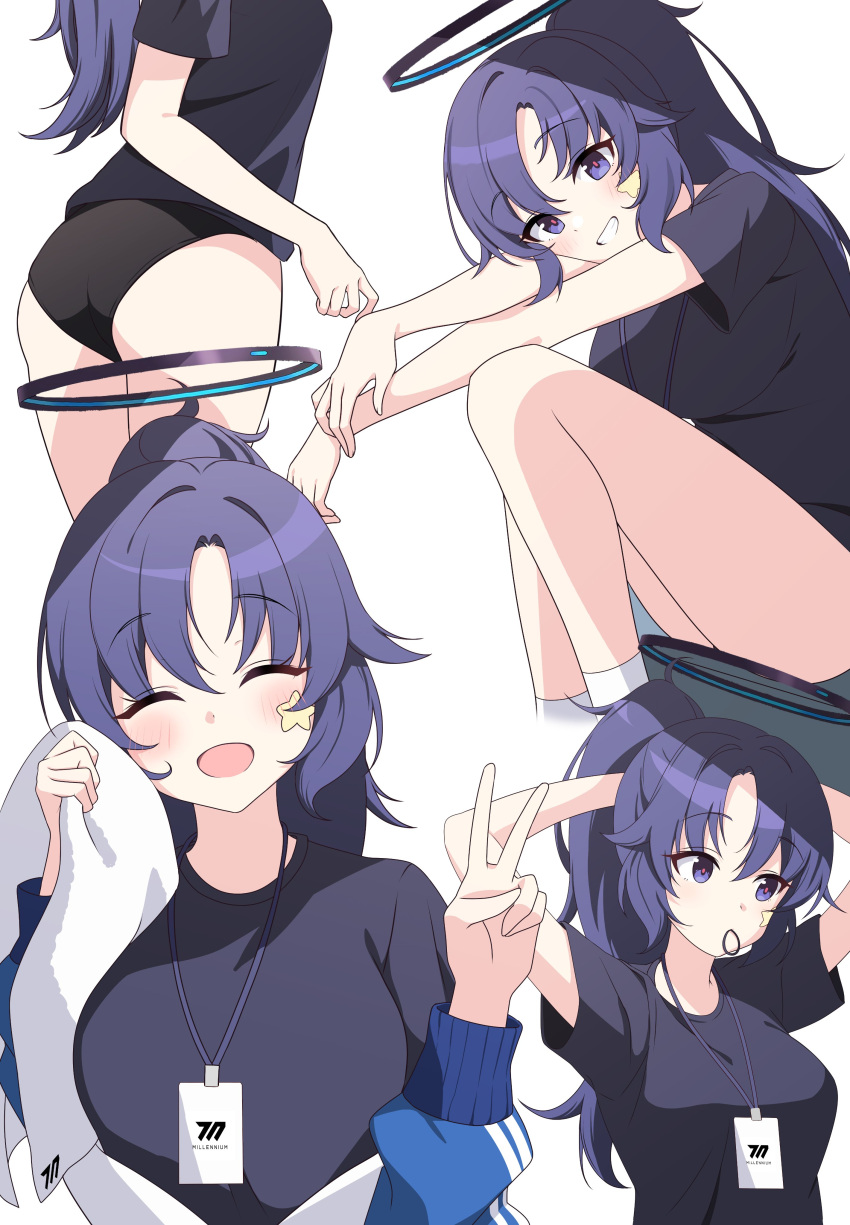 1girl absurdres ass bangs black_buruma black_shirt blue_archive blue_jacket blush breasts buruma closed_eyes hair_tie hair_tie_in_mouth halo highres holding holding_towel id_card jacket long_hair long_sleeves looking_at_viewer medium_breasts mouth_hold open_mouth parted_bangs pn_(wnsl216) ponytail purple_eyes purple_hair shirt short_sleeves sidelocks sitting smile star_sticker striped striped_jacket t-shirt towel tying_hair v white_background yuuka_(blue_archive)