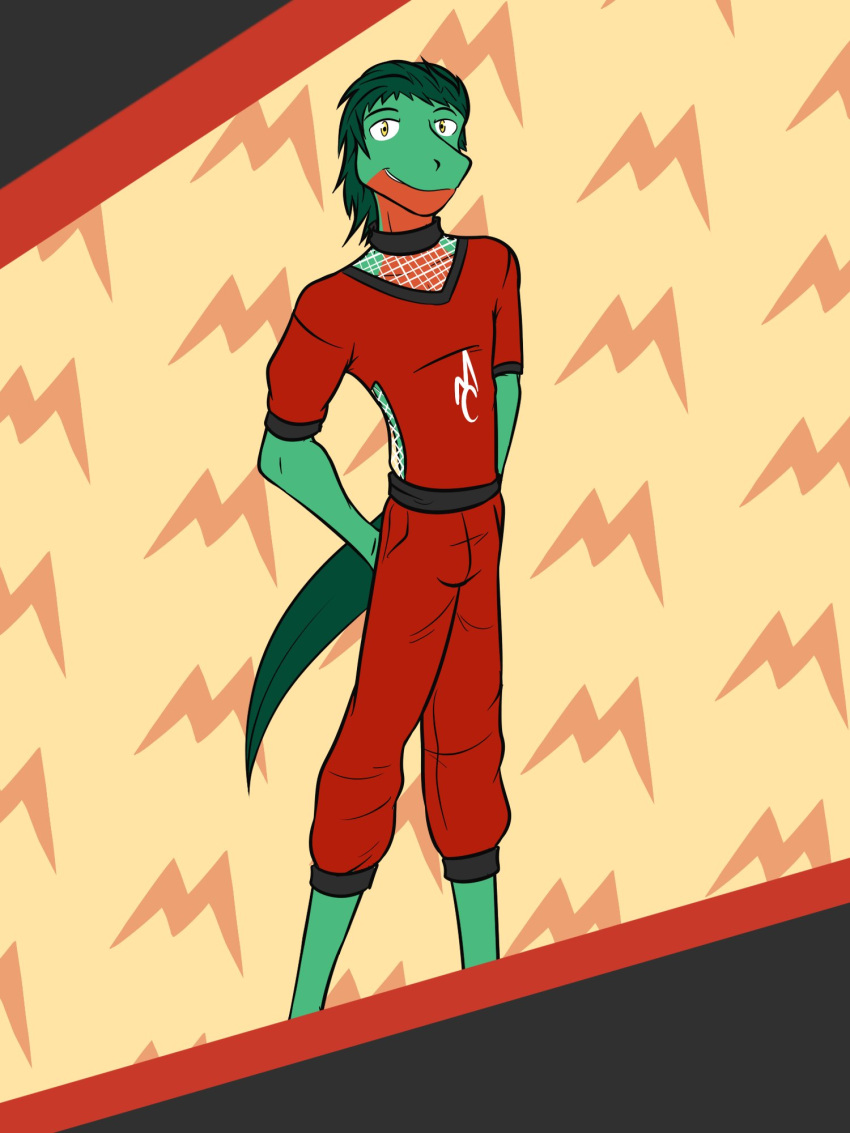 abstract_background anthro anthrofied bottomwear clothed clothing fully_clothed fuze generation_3_pokemon grovyle hi_res male nintendo pants pok&eacute;mon pok&eacute;morph pokemon_(species) shirt solo topwear video_games