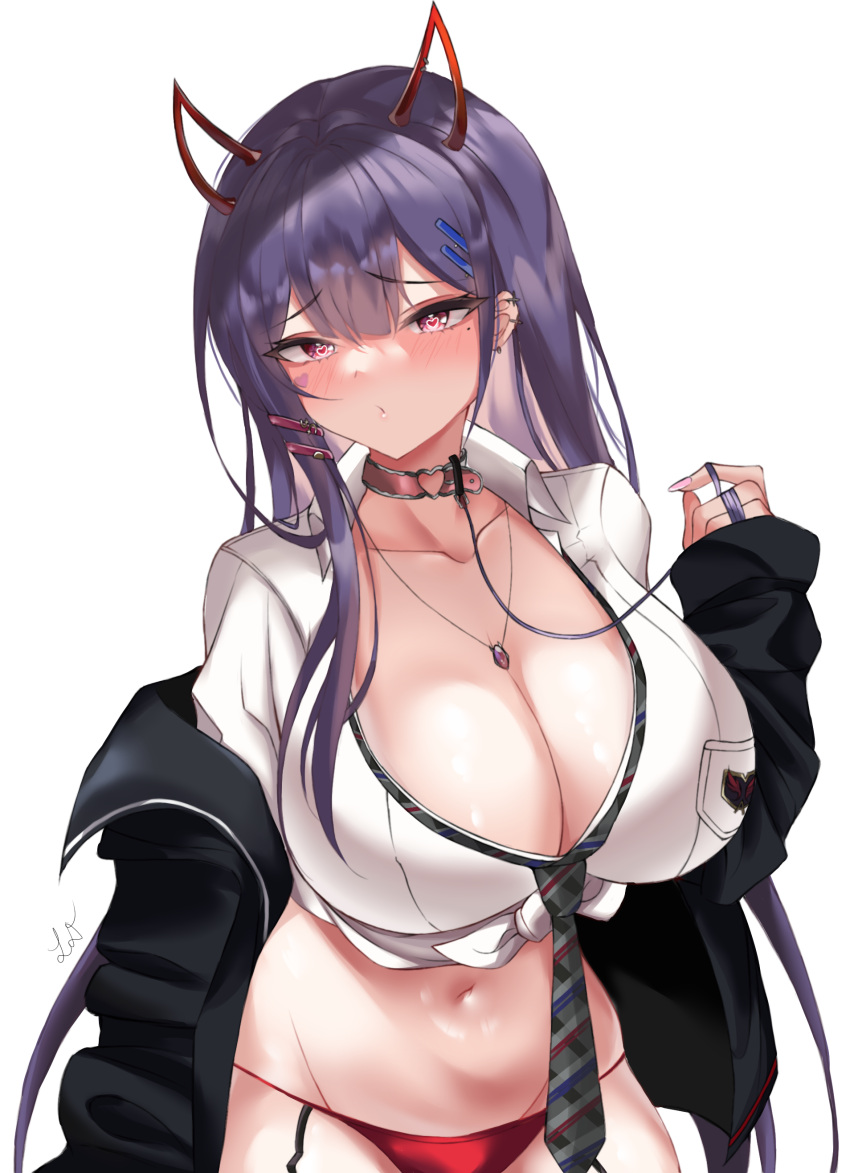 1girl absurdres akuma_nihmune bangs belt_collar black_sleeves blunt_bangs blush breasts cleavage collar collarbone commentary cowboy_shot dot_mouth dot_nose ear_piercing emblem fake_horns forehead hair_ornament hair_over_shoulder hand_up heart heart-shaped_pupils heart_o-ring highres horns huge_breasts indie_virtual_youtuber jewelry leash leon_decarabia long_hair long_sleeves looking_at_viewer loose_necktie mole mole_under_eye navel necklace necktie off_shoulder open_clothes open_shirt panties piercing pink_nails purple_hair red_eyes red_panties shadow shirt signature solo stomach string_panties symbol-shaped_pupils underwear virtual_youtuber white_shirt