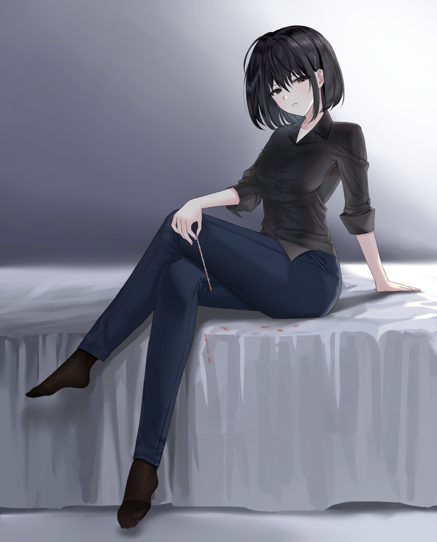 1girl absurdres ahoge bangs bed bed_sheet black_eyes black_hair black_shirt blood blood_stain blue_pants blurry blurry_background bob_cut breasts closed_mouth clothes collared_shirt crossed_legs dress_shirt feet frown full_body hair_ornament hair_strand hairclip hands_on_bed highres holding long_sleeves medium_breasts ming_(user_arcn7324) monochrome_background no_shoes on_bed original pants seamed_legwear shadow shirt short_hair side-seamed_legwear sitting sitting_on_bed sleeves_rolled_up solo wrinkled_fabric