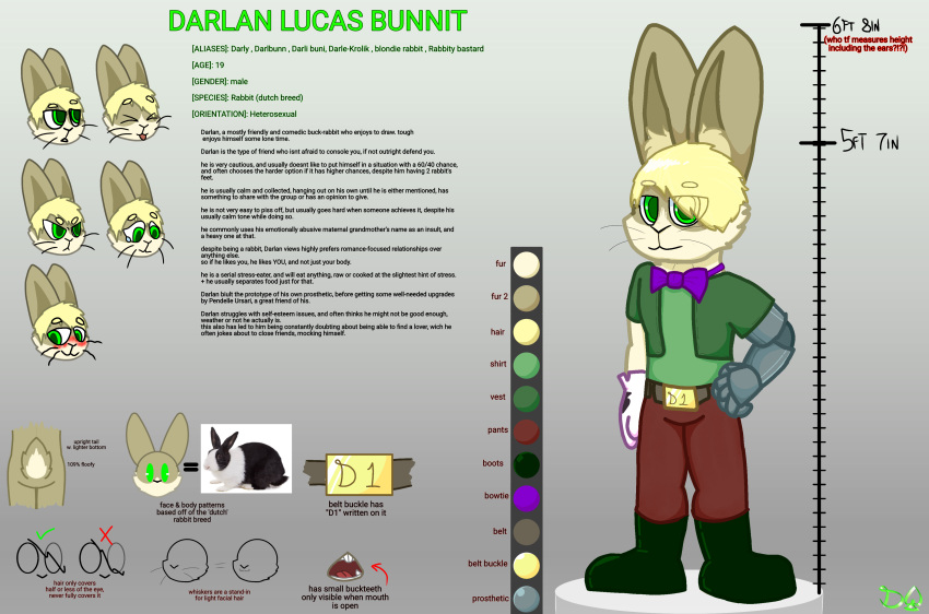 absurd_res angry anthro belt biped blonde_hair blush boots bottomwear bow_tie character_bio character_name clothed clothing darlan_bunnit darli_buni digital_media_(artwork) domestic_rabbit dutch_rabbit english_text expression_sheet fingers footwear fur gloves gradient_background green_boots green_clothing green_footwear green_shirt green_topwear green_vest hair handwear hi_res lagomorph leporid looking_at_viewer male mammal model_sheet open_mouth oryctolagus pants profanity prosthetic prosthetic_arm prosthetic_limb rabbit red_bottomwear red_clothing red_pants sad shirt signature simple_background solo standing stock_image teeth text tongue tongue_out topwear vest whiskers