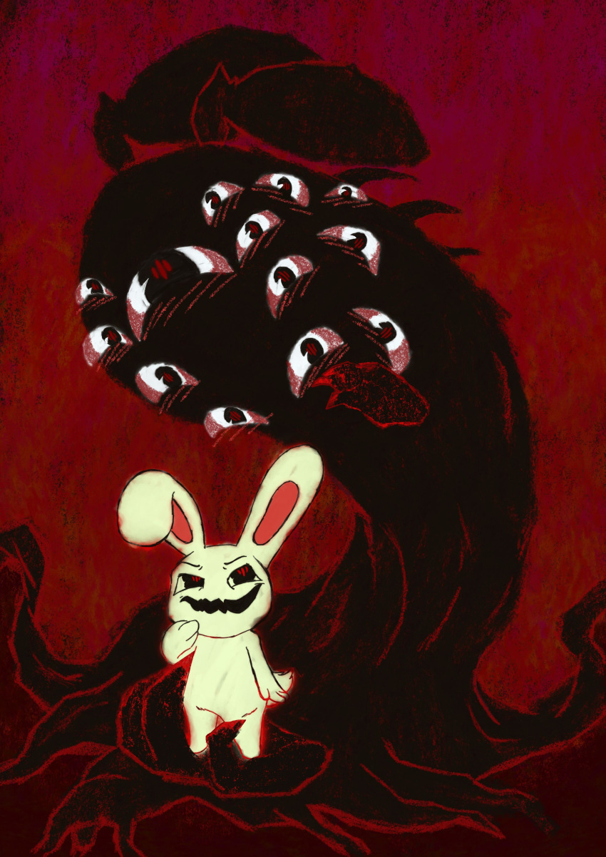 absurd_res ambiguous_gender anthro big_ears black_eyes black_mouth chikn_nuggit demon duo eldritch_abomination eldritch_horror fur gradient_background hi_res iscream_(chikn_nuggit) iscream_(true_form) joyful lagomorph leporid mammal mischievous_smile nonbinary_(lore) open_mouth rabbit red_eyes rottenshangrila simple_background smile white_body white_fur