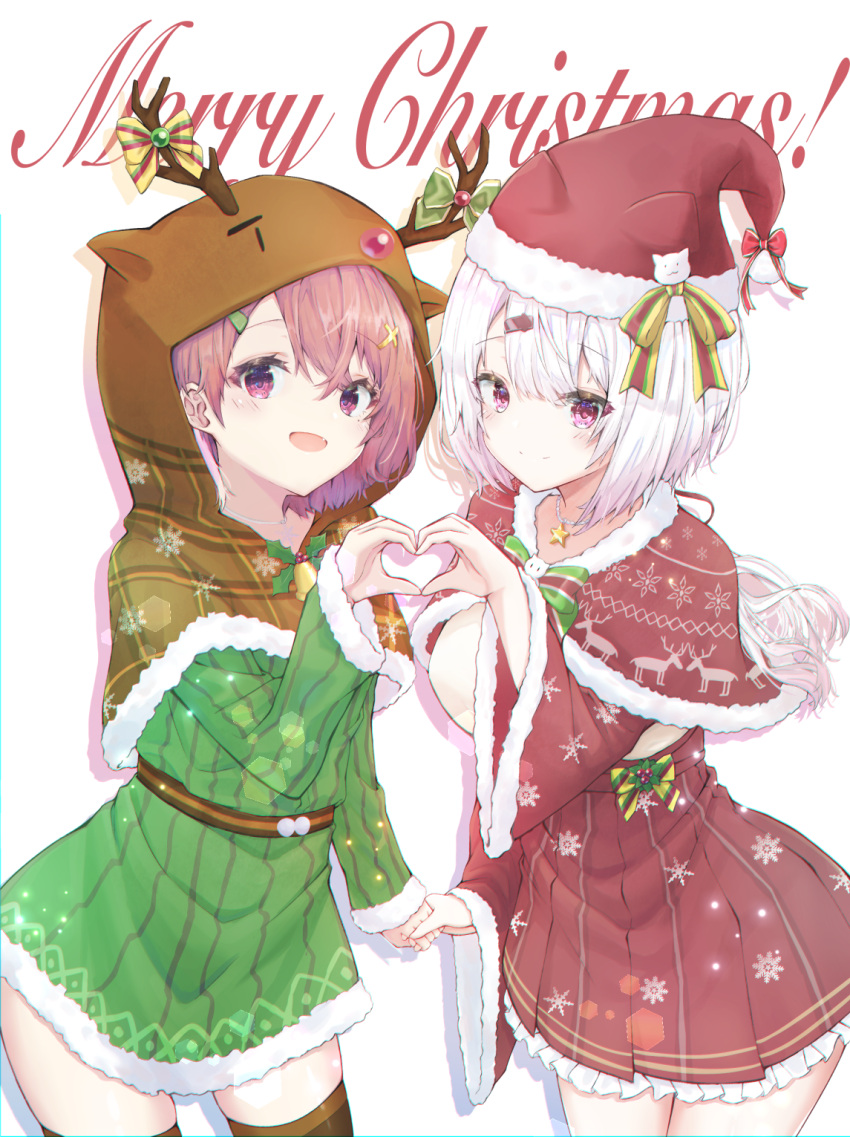 2girls :d animal_hood antler_ornament antlers bow breasts brown_capelet capelet cat_hat_ornament christmas ciawasemono cowboy_shot cross_hair_ornament dress fang green_bow green_dress hair_ornament hairclip hat hat_bow high-waist_skirt highres holding_hands hood hooded_capelet jewelry merry_christmas multiple_girls necklace nijisanji pink_eyes pink_hair pleated_skirt print_capelet print_skirt red_bow red_capelet reindeer_antlers reindeer_hood reindeer_print santa_hat sasaki_saku shiina_yuika short_dress skirt smile snowflake_print star_(symbol) star_necklace striped striped_bow striped_dress thighhighs vertical-striped_dress vertical_stripes virtual_youtuber white_background white_hair zettai_ryouiki