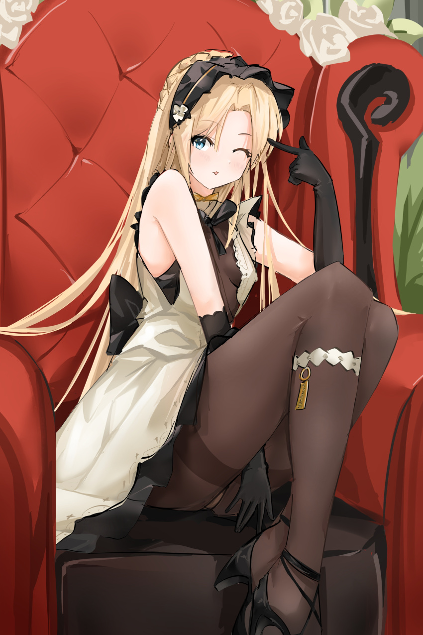 1girl ;p absurdres azur_lane back_bow black_footwear black_gloves blonde_hair blue_eyes bow breasts brown_pantyhose center_opening dress flower full_body gloves high_heels highres indoors long_hair official_alternate_costume on_chair one_eye_closed pantyhose ps_rinsu rose see-through see-through_dress shepherd's_crook sitting sleeveless sleeveless_dress small_breasts solo thighband_pantyhose tongue tongue_out vanguard_(azur_lane) vanguard_(half-hearted_masquerade)_(azur_lane) very_long_hair white_dress white_flower white_rose