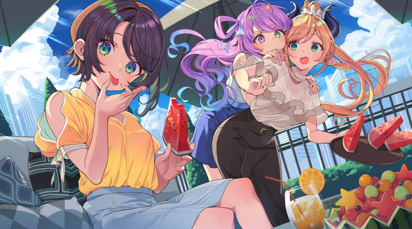 3girls black_hair black_skirt blue_eyes blue_hair blue_skirt blush cityscape cloud cup day demon_horns drinking_glass drinking_straw food gradient_hair green_eyes hair_ornament hair_ribbon hair_rings hair_scrunchie hands_on_another's_shoulders highres himemori_luna holding holding_food holding_tray hololive horns itaboon looking_at_another looking_at_viewer multicolored_hair multiple_girls nail_polish oozora_subaru open_mouth outdoors pink_nails pointy_ears purple_eyes purple_hair ribbon scrunchie shirt short_hair short_sleeves skirt sleeveless sleeveless_shirt tray tropical_drink umbrella watermelon_slice white_shirt yellow_nails yellow_shirt yuzuki_choco