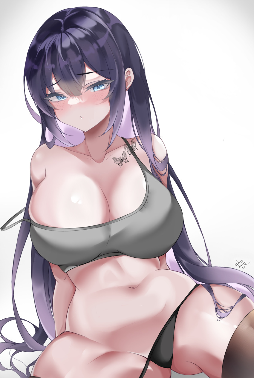 1girl :o absurdres arms_behind_back ass bangs bare_shoulders black_hair black_panties black_thighhighs blue_eyes blush breasts bug butterfly butterfly_tattoo cleavage clothes_pull collarbone crop_top dot_mouth dot_nose english_commentary hair_between_eyes highres huge_breasts leaning_back leon_decarabia long_hair looking_at_viewer navel off_shoulder original panties panty_pull partially_undressed purple_hair shirt_pull shoulder_tattoo signature simple_background sitting slouching solo stomach string_panties tank_top tattoo thick_eyelashes thick_thighs thighhighs thighs thong underwear very_long_hair white_background yuna_(biya_(1024))