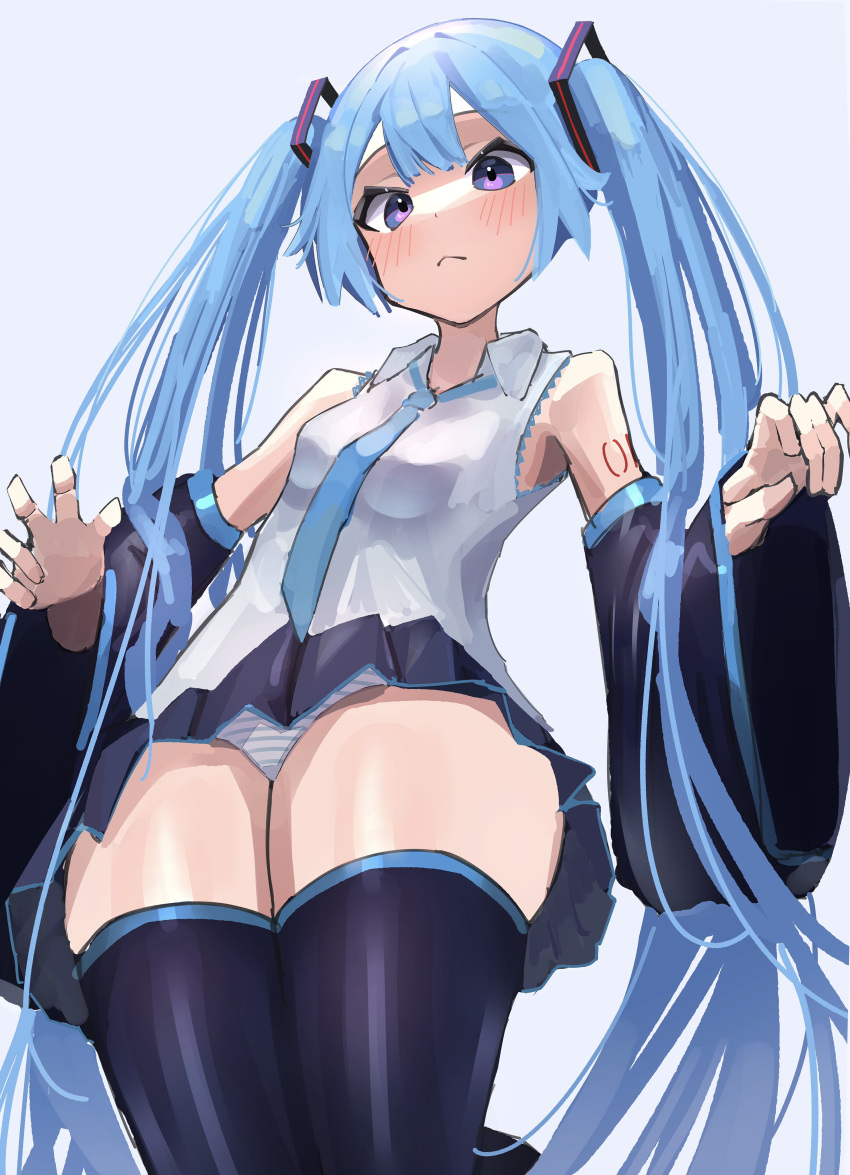 absurdres armpits blue_hair boots breasts closed_mouth curvy embarrassed hatsune_miku highres long_hair medium_breasts myakuroekako necktie purple_eyes simple_background skirt sleeveless tattoo thigh_boots twintails very_long_hair vocaloid