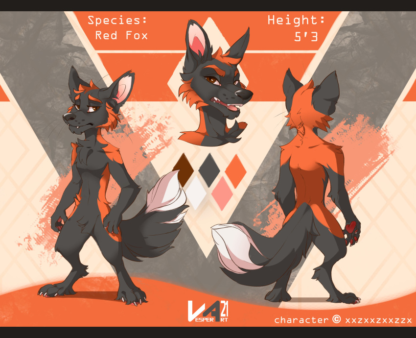 2021 abstract_background absurd_res anthro black_body black_ears black_fur black_nose black_tail brown_eyes canid canine cheek_tuft chest_tuft chin_tuft crotch_tuft dated facial_tuft fangs featureless_crotch fluffy fluffy_tail fox front_view fur head_tuft hi_res looking_at_viewer male mammal narrowed_eyes open_mouth orange_body orange_fur orange_head_tuft pink_inner_ear pink_tongue rear_view red_fox shoulder_tuft solo standing tongue tuft vinyanko white_tail