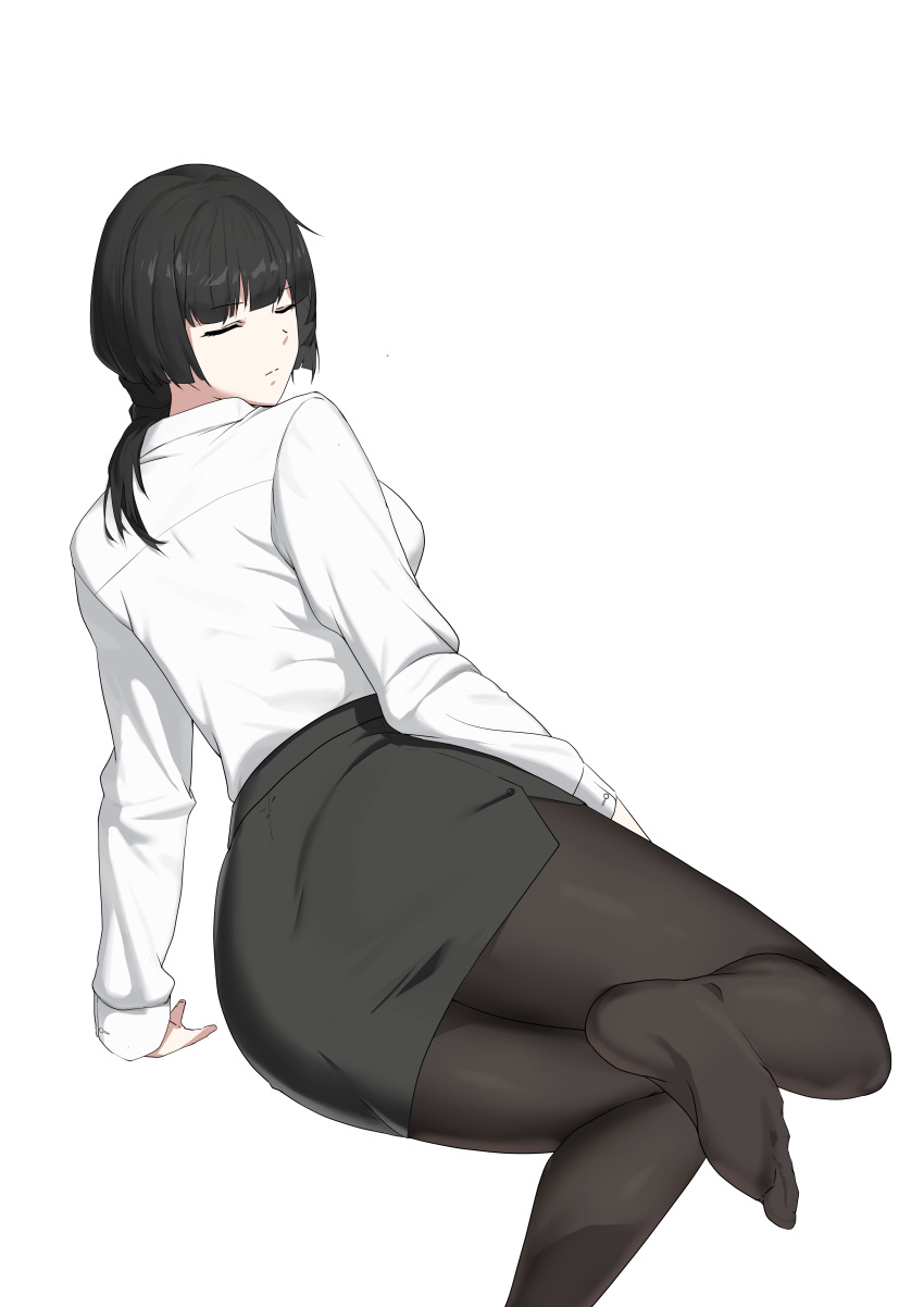 1girl absurdres bangs black_hair black_pantyhose black_skirt closed_eyes closed_mouth copper feet foot_out_of_frame formal hand_on_floor highres long_hair long_sleeves lying no_shoes office_lady on_side original pantyhose pencil_skirt shirt skirt soles solo thighs white_background white_shirt