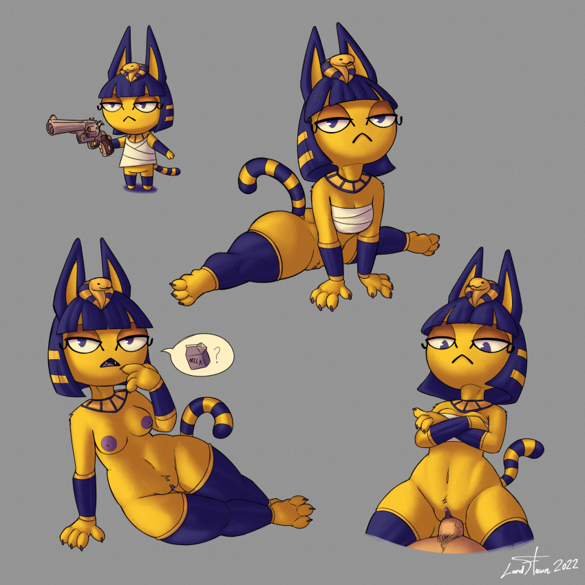 3_toes 4_fingers absurd_res animal_crossing ankha_(animal_crossing) anthro armwear blue_clothing blue_eyes blue_hair blue_nipples blue_pussy bottomless breasts clothed clothing cowgirl_position crossed_arms domestic_cat egyptian egyptian_clothing eyelashes eyeshadow feet felid feline felis female fingers flexible from_front_position frown fur genitals gesture hair half-closed_eyes hands_on_ground hi_res holding_object holding_weapon human inverted_nipples laying_on_ground leg_warmers legwear looking_at_viewer lordflawn low-angle_view makeup mammal mostly_nude mostly_offscreen_character narrowed_eyes navel nintendo nipples on_bottom on_top penetration pointing pointing_at_self pussy sex signature simple_background simple_eyes small_breasts speech_bubble splits spread_legs spreading thigh_highs toes unamused vaginal vaginal_penetration video_games weapon white_clothing wrappings yellow_body yellow_fur