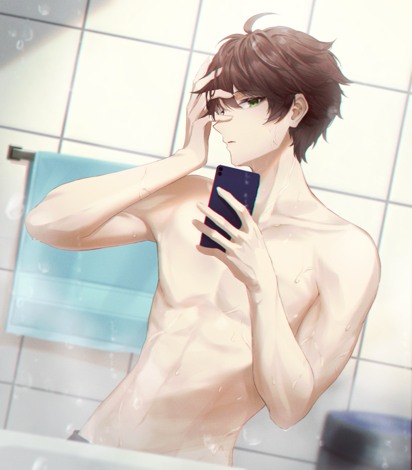 1boy cellphone ciawasemono collarbone green_eyes hand_on_own_face highres holding holding_phone male_focus min_suha nijisanji nijisanji_kr phone smartphone solo tile_wall tiles toned toned_male topless_male towel towel_rack virtual_youtuber wet