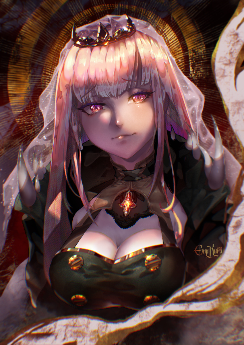1girl 2021 artist_name bangs breasts cleavage empikuro highres hololive hololive_english large_breasts mori_calliope pink_eyes pink_hair smile solo spikes tiara upper_body veil virtual_youtuber