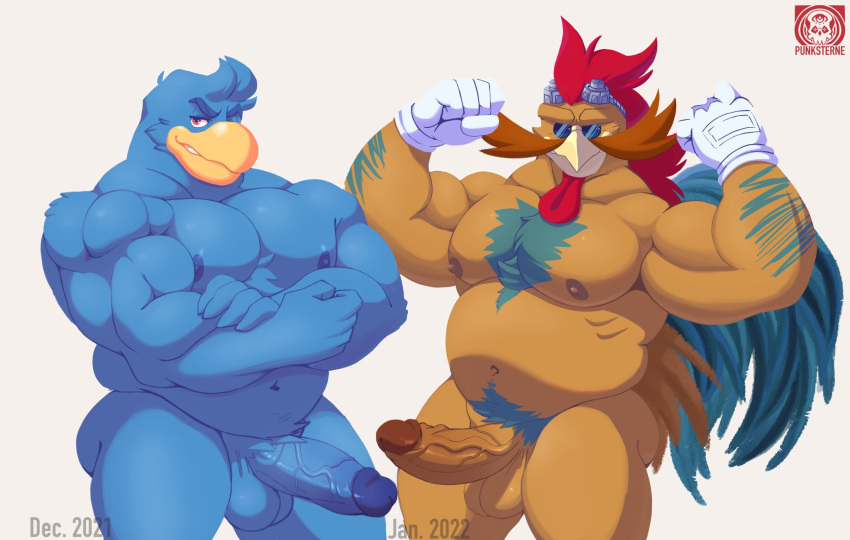 2022 5_fingers alternate_species anthro areola arm_hair avian avian_caruncle balls beak belly biceps big_balls big_penis biped bird blue_body blue_eyewear blursed_image body_hair bottomless brown_body chest_hair chicken chubby_anthro chubby_male clothed clothing dr._eggman duo eyewear feathers fingers fist galliform gallus_(genus) genitals glasses gloves goggles green_tail handwear hi_res king_dedede kirby_(series) male male/male mammal nintendo nipples penis phasianid portrait sega shaded slightly_chubby sonic_the_hedgehog_(series) three-quarter_view video_games vier_punksterne watermark