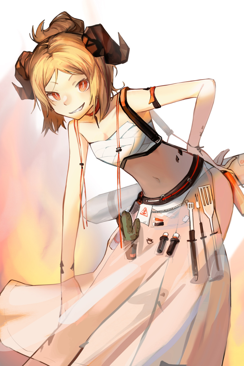 1girl absurdres arknights arm_strap bandages bare_arms bare_shoulders bikini blonde_hair chest_sarashi grin guairenwu_a hand_on_hip highres horns ifrit_(arknights) ifrit_(sunburn)_(arknights) leaning_forward looking_at_viewer navel official_alternate_costume orange_eyes oripathy_lesion_(arknights) sarashi sarong sharp_teeth short_hair smile solo spatula standing stomach swimsuit teeth white_background white_bikini