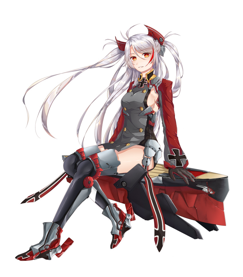 1girl absurdres azur_lane black_gloves boots breasts buttons double-breasted floating_hair full_body gloves grey_hair grey_jacket headgear highres jacket knee_boots large_breasts long_hair looking_at_viewer multicolored_clothes multicolored_hair multicolored_jacket orange_eyes prinz_eugen_(azur_lane) red_gloves red_hair red_jacket sherlyn_ryn side_cutout sideboob simple_background sitting solo streaked_hair two-tone_gloves two-tone_hair two-tone_jacket white_background