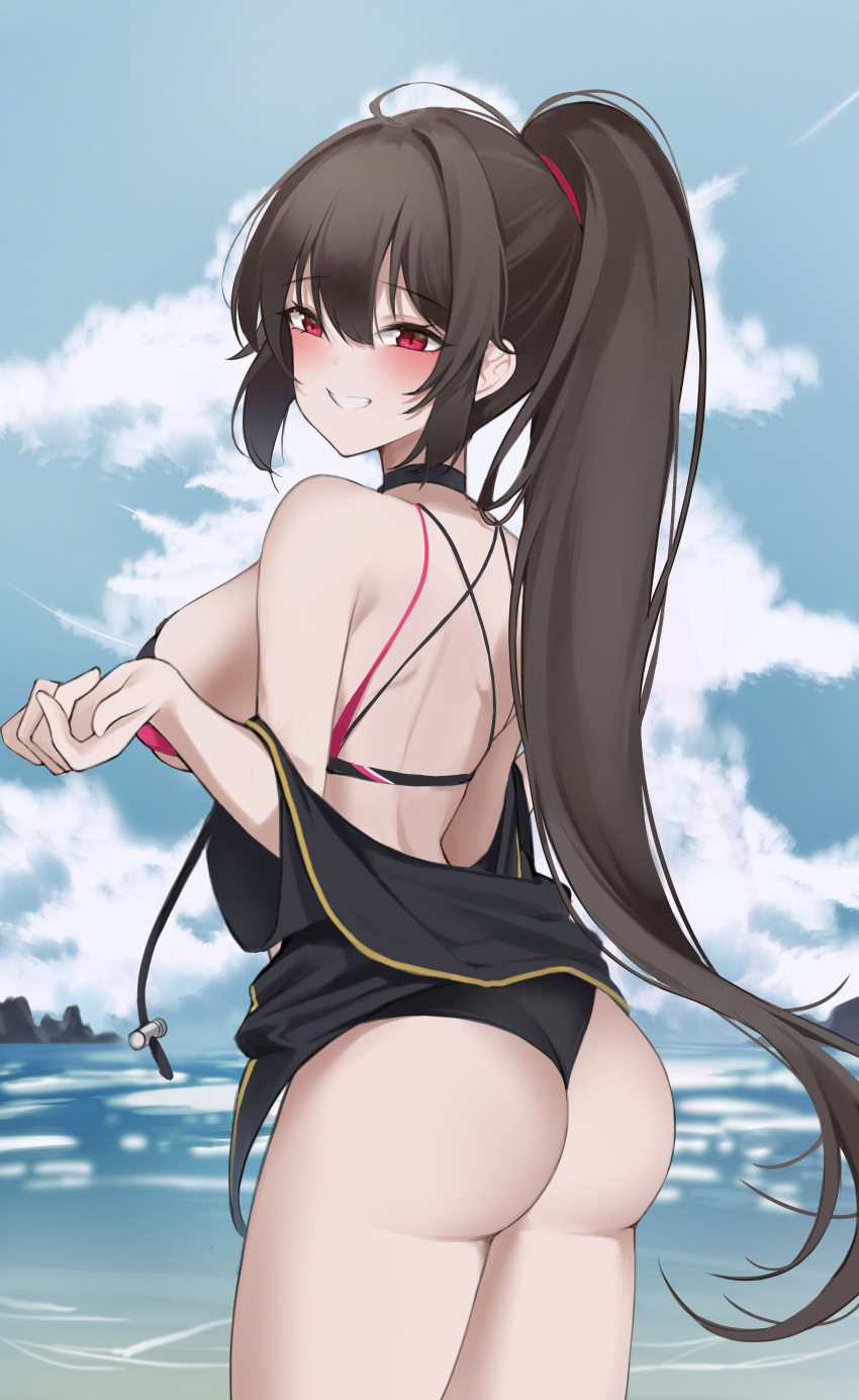 1girl absurdres ass bangs bare_back bikini black_bikini black_jacket blue_sky blush breasts brown_hair cloud cowboy_shot criss-cross_back-straps from_side grin hair_between_eyes haku_(liiixixixiii) hand_up highres iris_yuma jacket large_breasts long_hair looking_at_viewer median_furrow ocean off_shoulder open_clothes open_jacket outdoors ponytail red_eyes sidelocks sky smile solo soul_worker standing swimsuit thighs very_long_hair