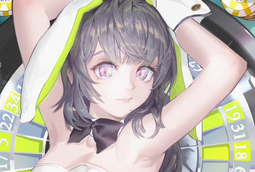 1girl animal_ears armpits arms_up bare_shoulders black_bow bow closed_mouth cropped eyelashes fake_animal_ears film_grain gigapuri grey_hair highres lipstick long_eyelashes long_hair looking_at_viewer makeup original poker_chip purple_eyes rabbit_ears roulette_table solo table upper_body