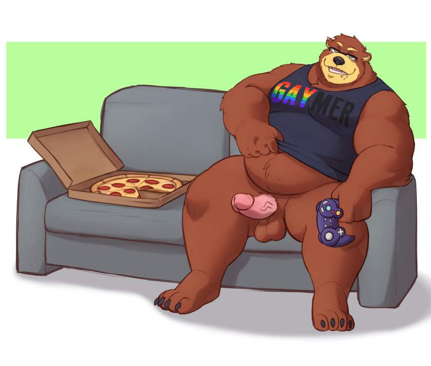 2022 absurd_res anthro balls belly big_belly brown_body clothing controller erection eyewear food furniture game_controller gamecube gamecube_controller genitals glasses hi_res lustyshu male mammal nintendo nintendo_controller overweight overweight_male penis pizza pizza_box shirt sitting sofa solo text text_on_clothing text_on_shirt text_on_topwear topwear ursid video_games