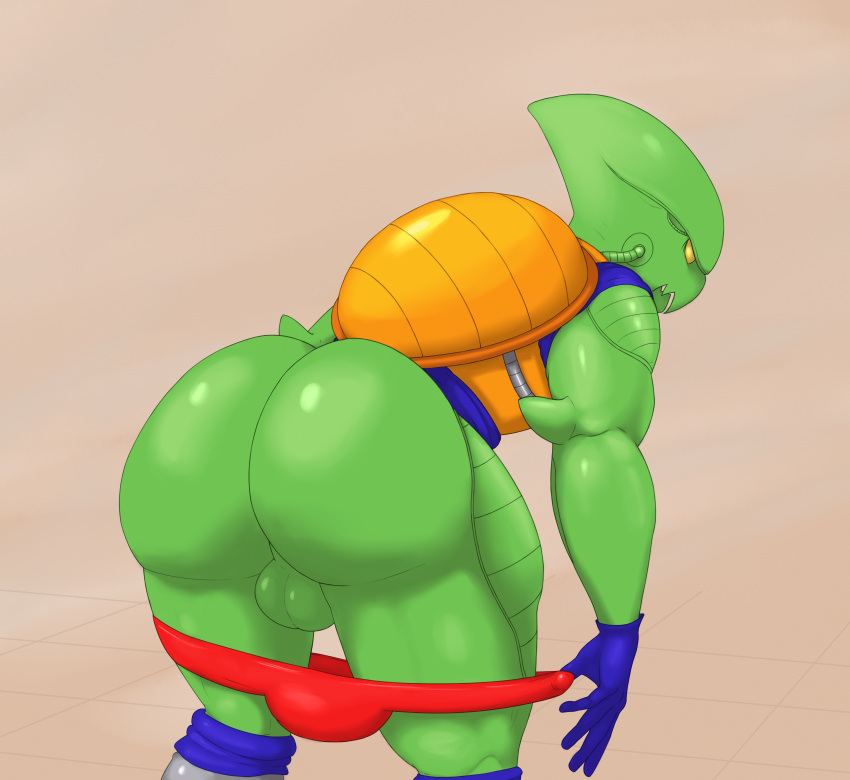 absurd_res alien anthro balls butt clothed clothing dafty f-zero genitals gloves gloves_(marking) green_body handwear hi_res male markings pico_(f-zero) presenting presenting_hindquarters speedo swimwear video_games