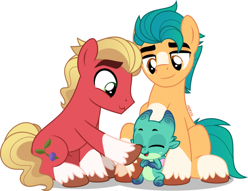 absurd_res aquamarine_hair blaze_(marking) blonde_hair boop brown_eyes dragon earth_pony equid equine facial_markings green_hair hair hasbro head_markings hi_res hitch_trailblazer_(mlp) hooves horse leg_markings male mammal markings mlp_g5 my_little_pony nose_boop orin331 pony socks_(marking) sprout_cloverleaf_(mlp) turquoise_hair