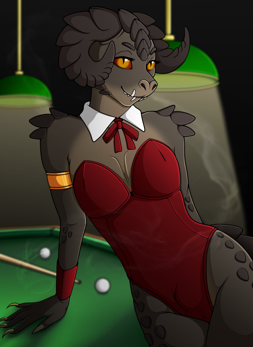 anthro ashe_colter bedroom_eyes bethesda_softworks billiard_table brown_body brown_scales bulge cigarette_smoke claws clothed clothing crossdressing deathclaw fallout fangs girly hi_res horn leaning_on_table male narrowed_eyes one-piece_swimsuit pupils red_eyes red_outfit reptile scales scalie seductive slit_pupils solo swimwear video_games wive