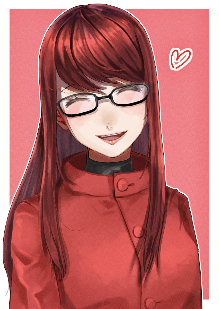1girl :d absurdres bangs black-framed_eyewear border closed_eyes coat facing_viewer glasses heart highres long_hair open_mouth outline outside_border persona persona_5 persona_5_the_royal red_coat red_hair reonzeee0120 shiny shiny_hair smile solo straight_hair swept_bangs very_long_hair white_border yoshizawa_kasumi