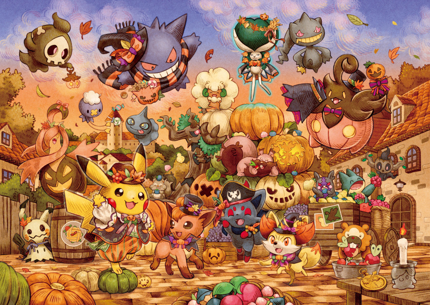 absurdres applin banette barrel building calyrex candle clothed_pokemon cloud commentary_request day door drifloon duskull falling_leaves fennekin gengar gourgeist greedent halloween hat hatted_pokemon highres leaf litwick mimikyu morpeko morpeko_(hangry) munchlax official_art open_mouth outdoors phantump pikachu pokemon pumpkaboo scarf shuppet sky smile standing standing_on_one_leg table trevenant vulpix whimsicott window witch_hat zorua