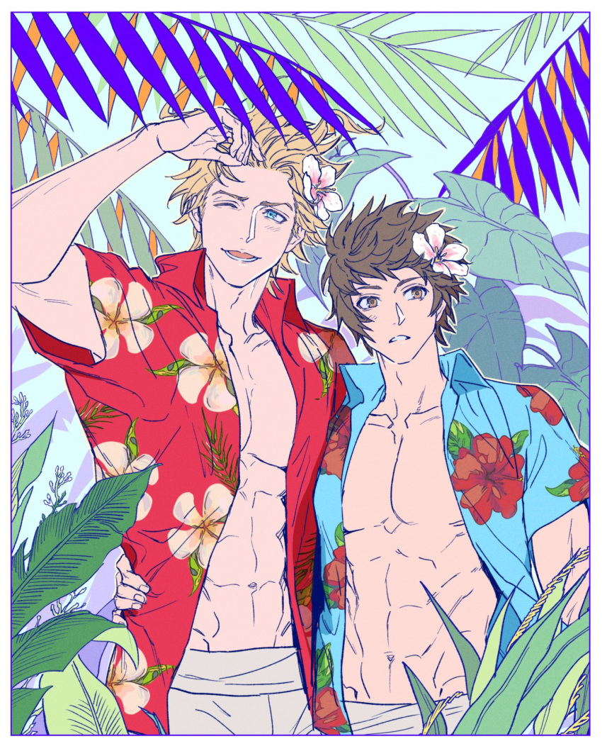 2boys abs bangs bare_pectorals blonde_hair blue_eyes blue_shirt border bpadult brown_eyes brown_hair flower gran_(granblue_fantasy) granblue_fantasy hair_flower hair_ornament hawaiian_shirt highres male_focus male_swimwear multiple_boys muscular muscular_male one_eye_closed open_clothes open_shirt pectorals red_shirt seofon_(granblue_fantasy) shirt short_hair smile upper_body white_border white_male_swimwear