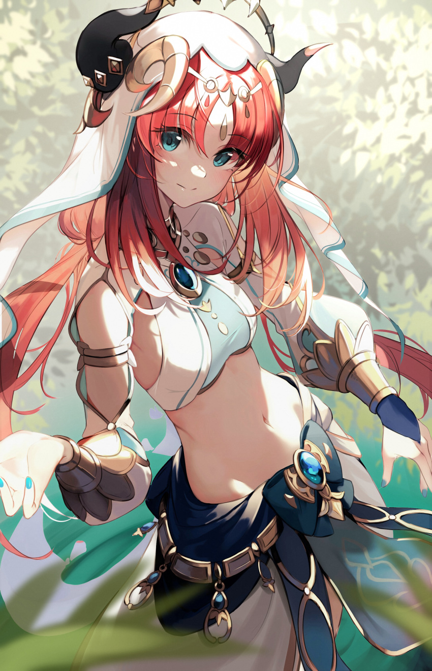 1girl absurdres armlet bangs blue_eyes blue_gemstone blue_nails blue_skirt blurry blurry_background blurry_foreground blush bracelet breasts brooch closed_mouth clothing_cutout crop_top depth_of_field forehead_jewel gem genshin_impact hair_ornament harem_outfit highres horns jewelry long_hair long_sleeves looking_at_viewer low_twintails lumo_1121 medium_breasts nail_polish navel neck_ring nilou_(genshin_impact) parted_bangs puffy_long_sleeves puffy_sleeves red_hair sash shirt sidelocks skirt smile solo stomach thighs twintails vambraces veil vision_(genshin_impact) white_headdress white_shirt