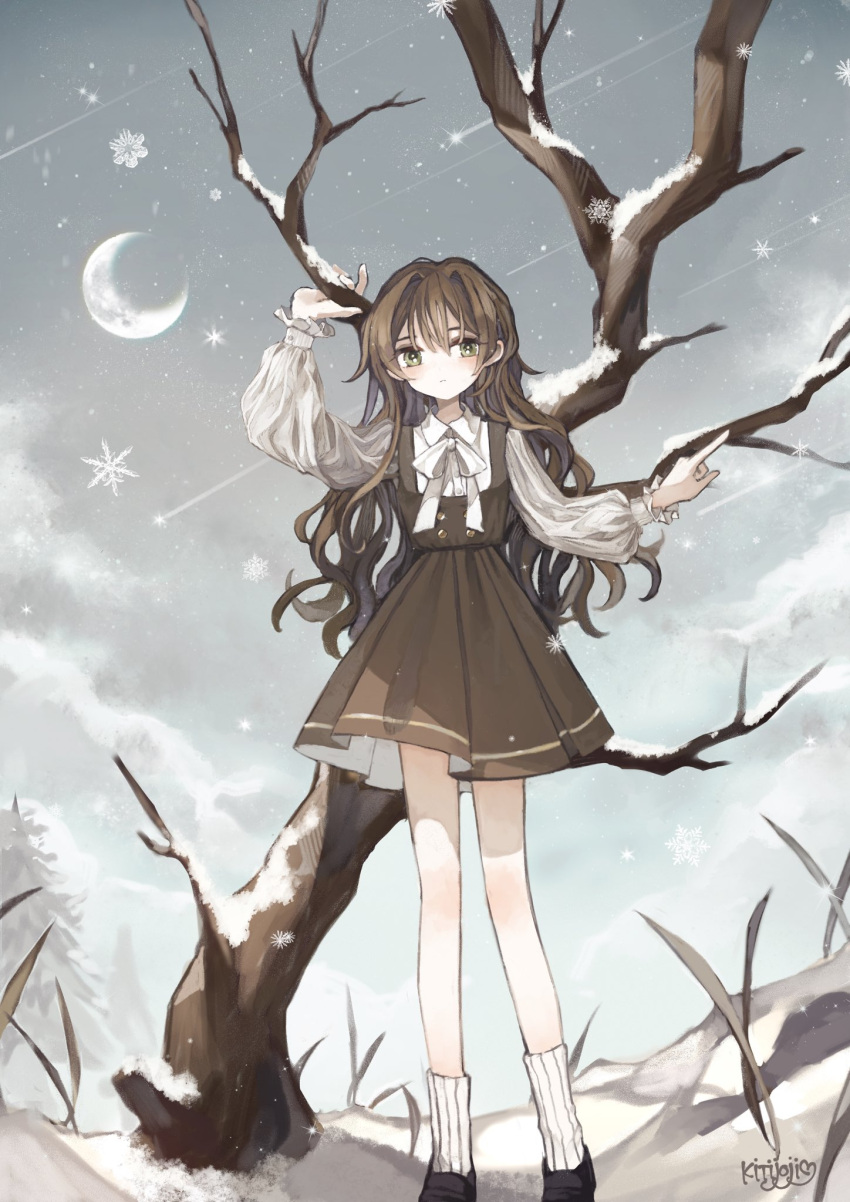 1girl antenna_hair artist_name bangs bare_legs bare_tree bow bowtie branch brown_dress brown_hair brown_shirt buttons closed_mouth cloud collared_shirt commentary crescent_moon dress expressionless frilled_sleeves frills green_eyes grey_sky hair_between_eyes highres holding holding_branch index_finger_raised kitijoji loafers long_hair long_sleeves looking_at_viewer moon original outdoors pine_tree puffy_sleeves rock shirt shoes shooting_star signature snow snowing socks solo standing symbol-only_commentary tree white_bow white_bowtie white_shirt white_socks winter