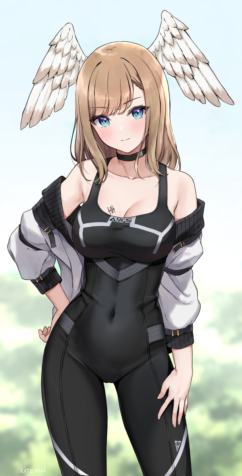 1girl bare_shoulders black_bodysuit black_choker blue_eyes bodysuit breasts brown_hair chest_tattoo choker collarbone covered_navel cowboy_shot eunie_(xenoblade) hand_on_hip hand_on_own_thigh head_wings highres jacket kaetzchen large_breasts long_hair looking_at_viewer off_shoulder open_clothes open_jacket skin_tight sleeveless smile solo standing tattoo white_jacket xenoblade_chronicles_(series) xenoblade_chronicles_3