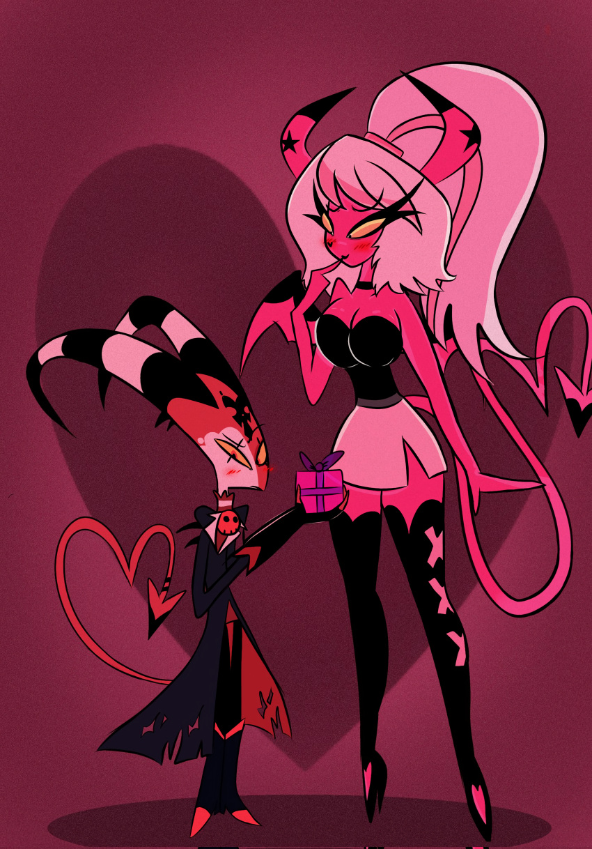 absurd_res anthro blitzo_(helluva_boss) blush breasts claws clothed clothing demon duo female gift_wrapped hair helluva_boss hi_res holding_object horn humanoid humanoid_on_anthro imp larger_female lilesssssarts love male male/female pink_body red_body red_eyes simple_background size_difference smaller_male smile succubus thick_thighs verosika_mayday_(helluva_boss) white_hair