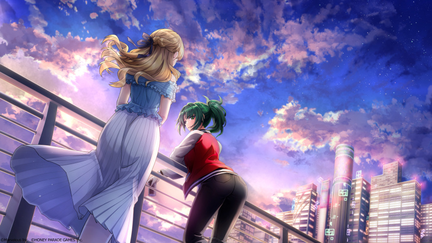 2girls ayato_utae black_pants blonde_hair blue_ribbon braid copyright dolphin_wave french_braid from_behind from_below game_cg green_eyes green_hair hair_ribbon harunami_anri highres jacket long_hair long_skirt looking_at_another multiple_girls off_shoulder official_art pants pleated_skirt ponytail raglan_sleeves red_jacket ribbon skirt star_(sky) white_skirt