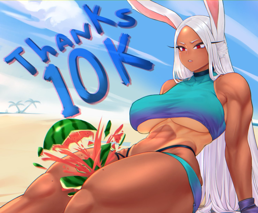 1girl abs animal_ears artist_name bangs bare_shoulders beach between_thighs bikini blue_swimsuit boku_no_hero_academia breasts choker crop_top crushing dark-skinned_female dark_skin english_commentary english_text food fruit gabriel_carrasquillo gloves highres large_breasts long_eyelashes long_hair looking_at_object milestone_celebration mirko muscular muscular_female navel outdoors palm_tree parted_bangs parted_lips purple_gloves rabbit_ears rabbit_girl red_eyes sitting skindentation sky solo sports_bikini suikawari swimsuit tan tankini tanlines thank_you thick_thighs thighs toned tree underboob very_long_hair watermelon watermelon_between_thighs white_hair