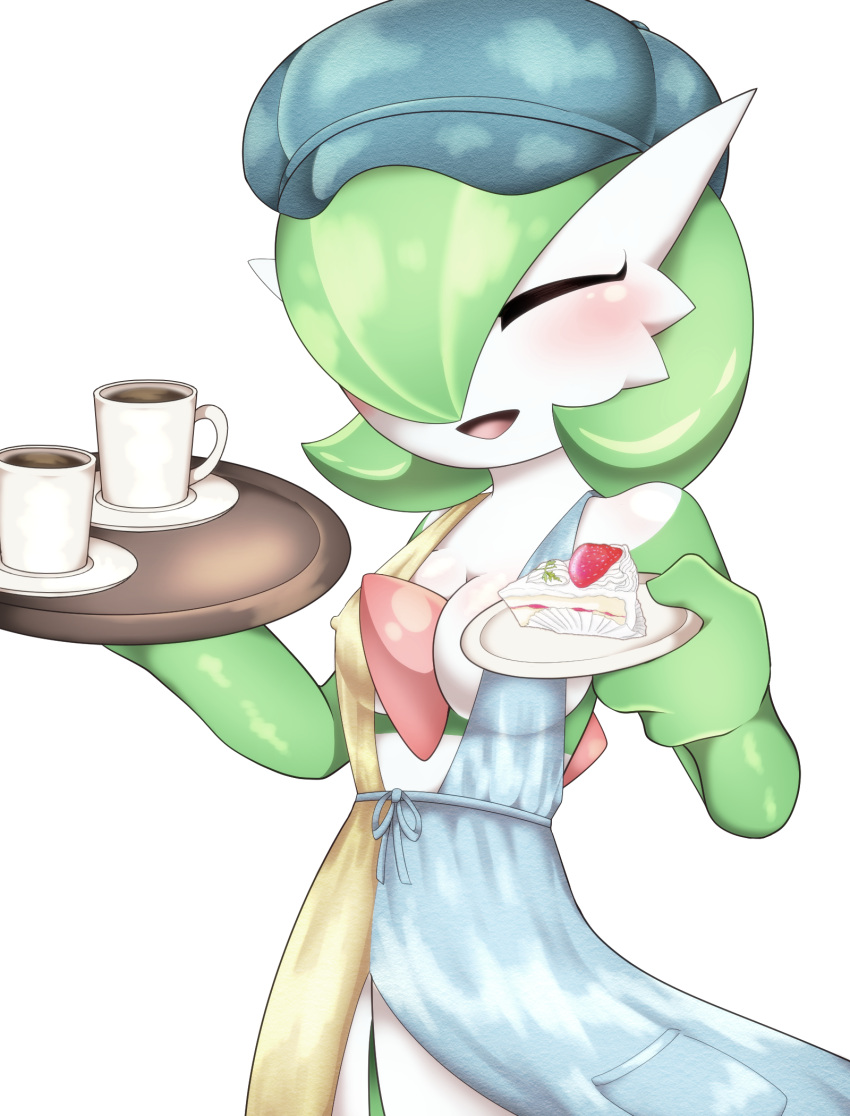 1girl ^_^ bangs bare_shoulders blue_dress blue_headwear blush bob_cut breasts cabbie_hat cake cake_slice closed_eyes clothed_pokemon coffee colored_skin commentary_request covered_nipples cream cup dress drink food fruit gardevoir green_hair green_skin hair_over_one_eye hands_up happy hat highres holding holding_drink holding_food holding_plate holding_tray medium_breasts multicolored_skin no_bra one_eye_covered open_mouth plate pokemon pokemon_(creature) pokemon_(game) pokemon_unite saucer shiny shiny_hair short_hair sleeveless sleeveless_dress smile solo standing strawberry tahita transparent_background tray two-tone_dress two-tone_skin upper_body waitress white_skin yellow_dress