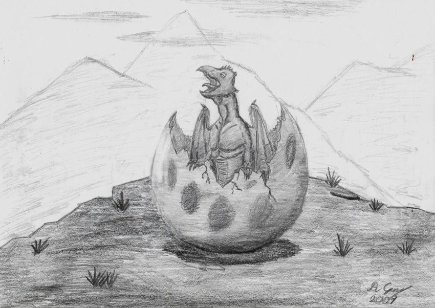 ambiguous_gender dragon egg feral graphite_(artwork) greyscale hatching lied_etal monochrome pencil_(artwork) signature solo traditional_media_(artwork)