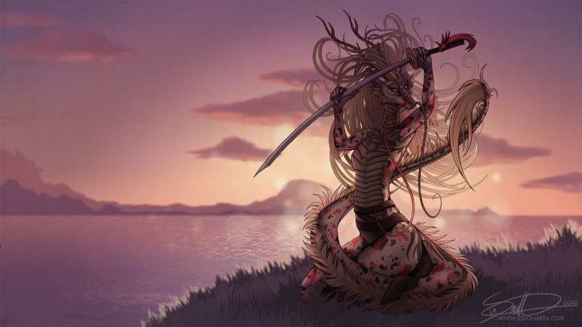 angry anthro asian_mythology blonde_hair chinese dragon east_asian_mythology eastern eastern_dragon eye_contact female hair hynvale iavyaling_xi_mauryl katana lake looking_at_another looking_at_viewer melee_weapon mythology odonarta oriental pinup pose raised_tail simple_background sky solo sunset sword tan_body text water weapon