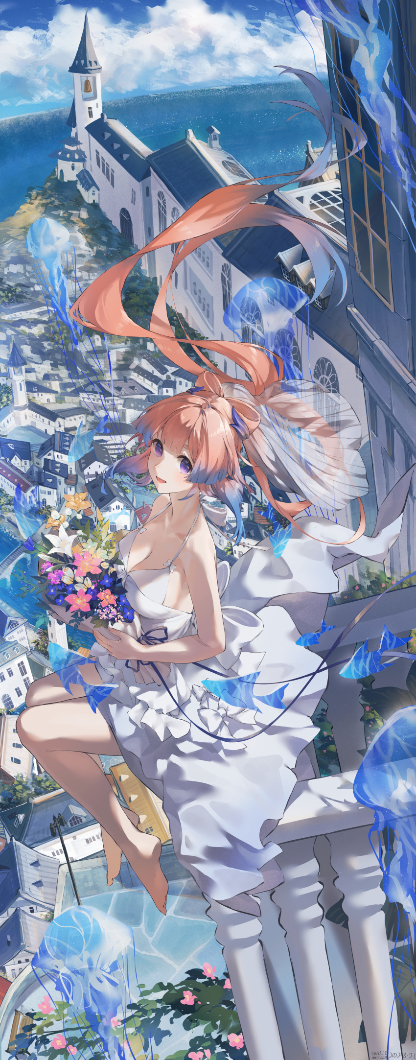 1girl :d absurdres alternate_costume backless_dress backless_outfit bangs bare_arms bare_legs bare_shoulders barefoot blue_flower blue_hair blue_sky blush bouquet bow bow-shaped_hair breasts bridal_veil building cityscape cleavage cloud colored_tips day dress fish floating_hair flower full_body genshin_impact hair_intakes halter_dress halterneck highres holding holding_bouquet horizon jellyfish long_hair looking_at_viewer medium_breasts multicolored_hair ocean outdoors pink_flower pink_hair purple_eyes river sangonomiya_kokomi sidelocks sitting sky smile solo swkl:d veil very_long_hair wedding_dress white_bow white_dress white_flower yellow_flower