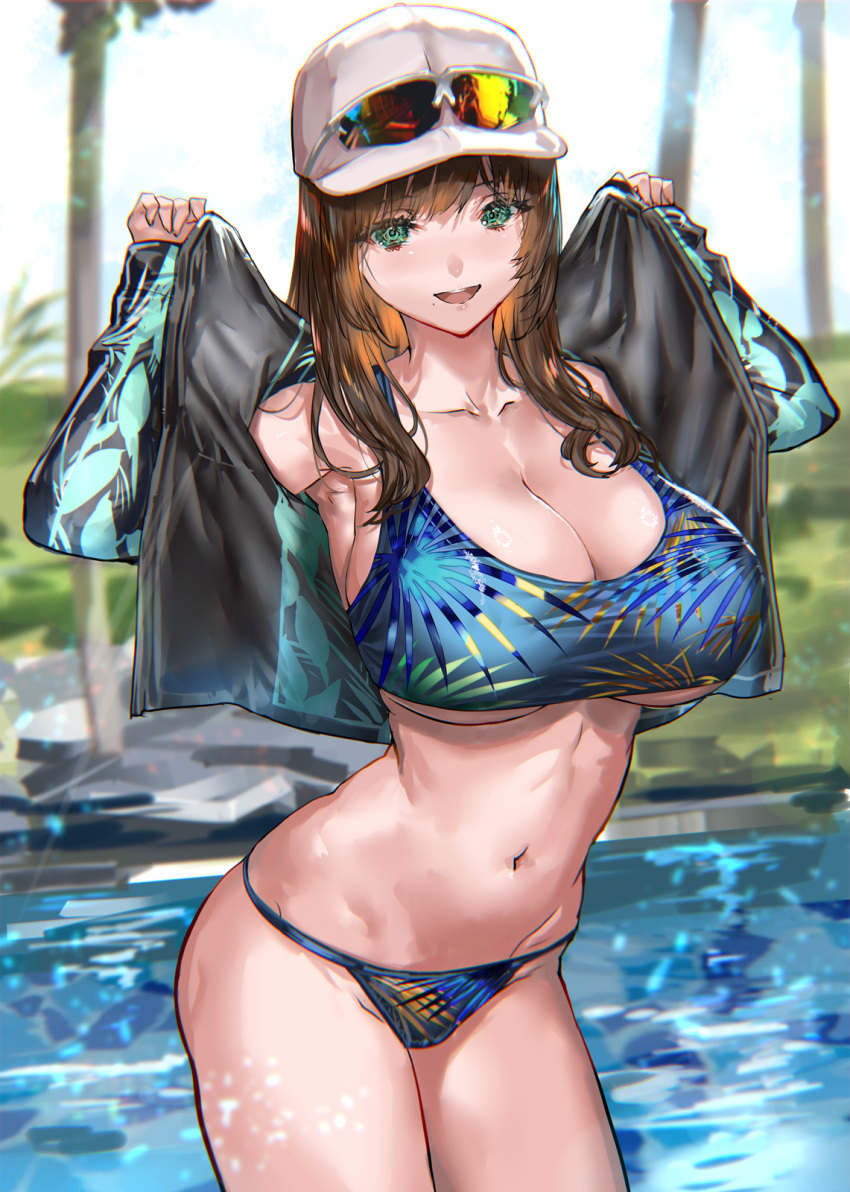 1girl bangs bikini blue_bikini breasts brown_hair cowboy_shot eyewear_on_headwear green_eyes hands_up hat highres jacket large_breasts long_hair long_sleeves multicolored_clothes multicolored_jacket navel no_pants open_clothes open_jacket original outdoors ran'ou_(tamago_no_kimi) smile solo sports_sunglasses sunglasses swimsuit thighs two-tone_jacket underboob water white_headwear