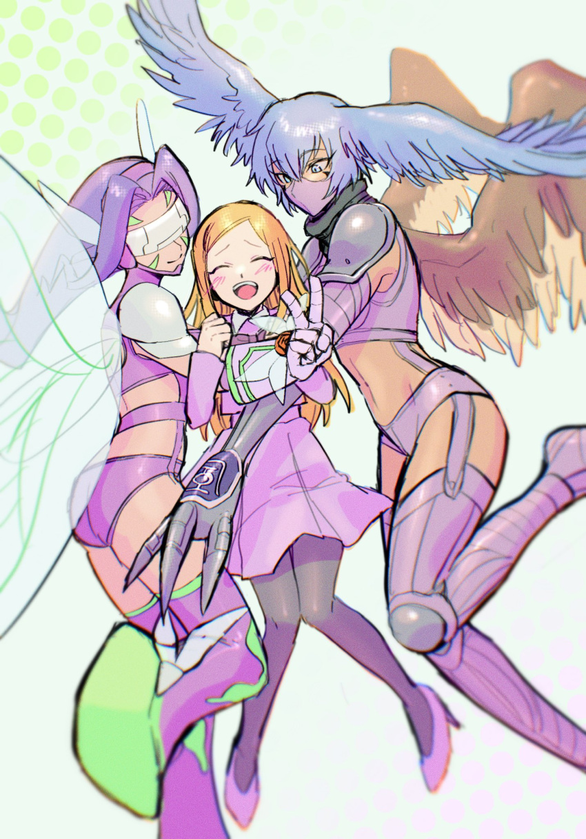 3girls ^_^ ass bangs bikini blonde_hair blue_eyes blue_hair blush boots breasts butterfly_hair_ornament butterfly_wings claws closed_eyes closed_mouth commentary_request covered_eyes covered_mouth digimon digimon_(creature) digimon_frontier facial_mark fairymon feathered_wings floating_hair full_body garter_straps girl_sandwich gloves groin hair_between_eyes hair_ornament hair_wings hairband high_heels highres long_hair looking_at_another mask medium_breasts midriff mouth_mask multiple_girls navel official_alternate_costume open_mouth orimoto_izumi pantyhose parted_bangs purple_belt purple_bikini purple_footwear purple_gloves purple_hair purple_hairband purple_pantyhose purple_shirt purple_skirt ramune_b sandwiched scarf shirt shoulder_pads shutumon sidelocks skindentation skirt skirt_set smile swimsuit teeth thigh_boots upper_teeth v visor wings