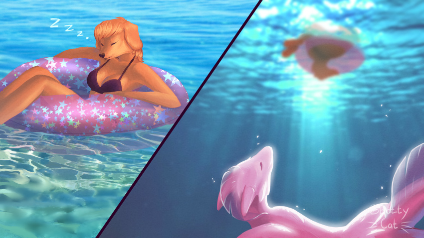 absurd_res anthro beach brim canid canine canis clothing comic domestic_dog dragon duo female female/female fish hat headgear headwear hi_res horn light mammal marine pink relaxation ring rubber sand sea seaside sleeping spotty.cat sun swimming swimwear underwater water wave wide