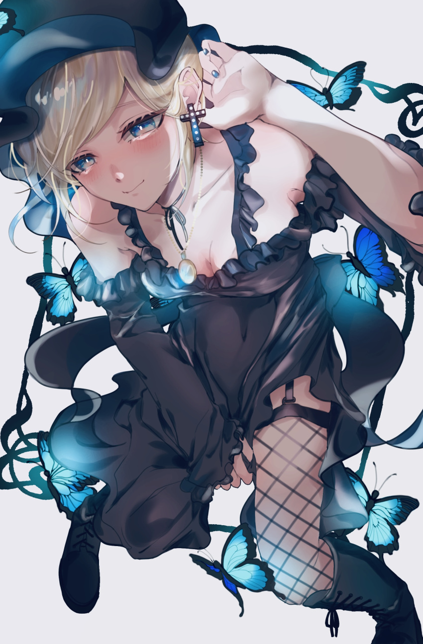 1girl absurdres alice_lendrott black_dress black_footwear black_headwear blonde_hair blue_butterfly blue_eyes blue_nails boots breasts bug butterfly cleavage collarbone cross cross_earrings dekasegi dress earrings fishnet_thighhighs fishnets hand_up highres jewelry knee_boots looking_at_viewer medium_breasts shinigami_bocchan_to_kuro_maid simple_background skirt_hold smile solo thighhighs white_background